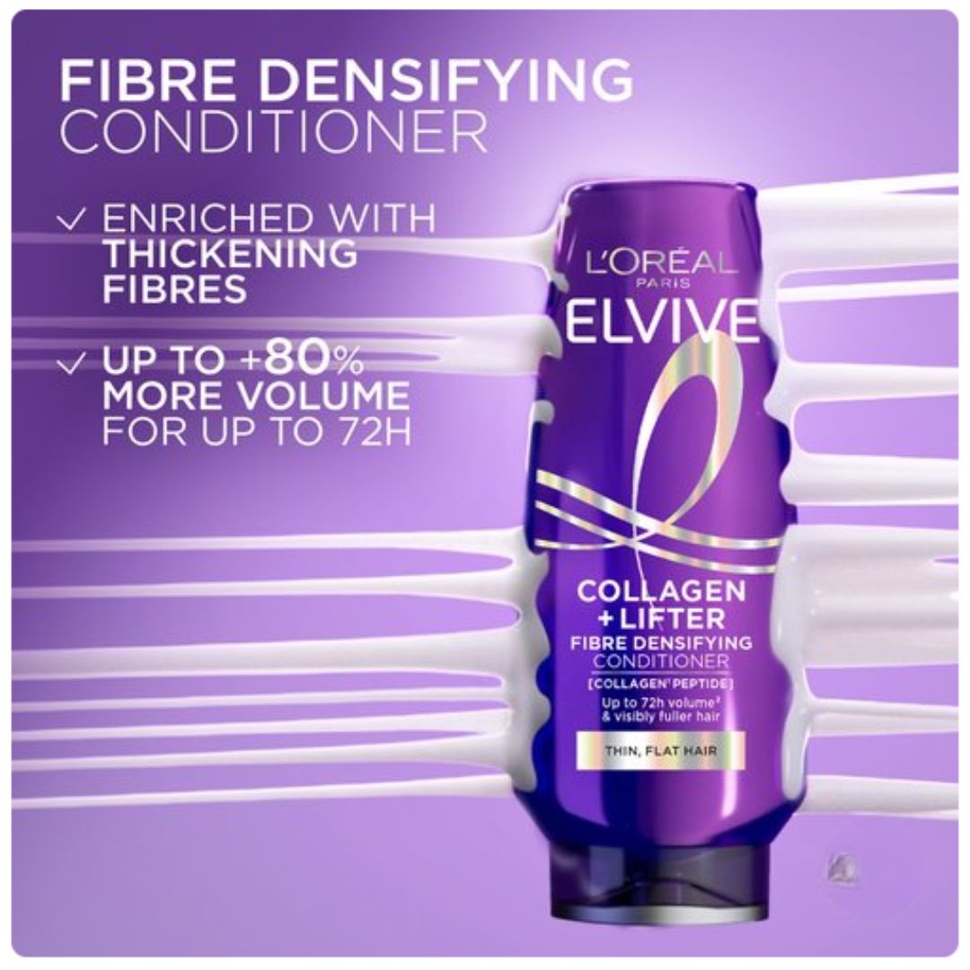 L'Oréal Paris Elvive Collagen + Lifter Fibre Densifying Conditioner in a purple squeeze bottle, set against a matching purple background with white text overlays and abstract white hair strands.