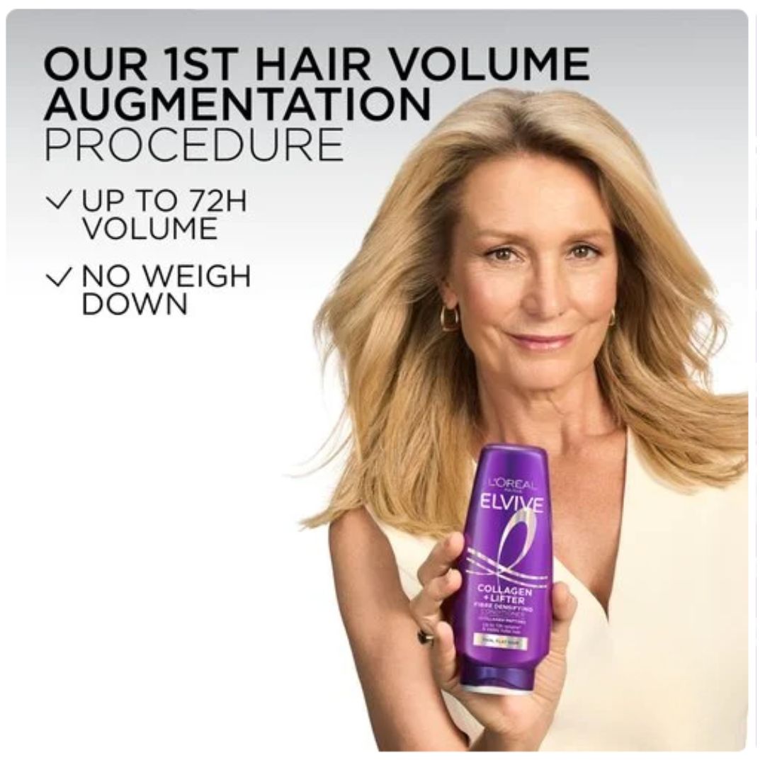 A woman with long blonde hair holds a purple bottle of L'Oréal Paris Elvive Collagen Lifter hair volume augmenter. The left side features promotional text reading 'OUR 1ST HAIR VOLUME AUGMENTATION PROCEDURE' with bullet points 'UP TO 72H VOLUME' and 'NO WEIGH DOWN'.