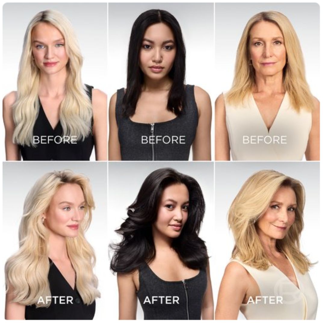 A six-panel before-and-after hair color comparison grid showing three women with long blonde, dark brown, and light blonde hair. The top row is labeled BEFORE and shows the natural hair color, while the bottom row is labeled AFTER and shows the highlighted or colored result.