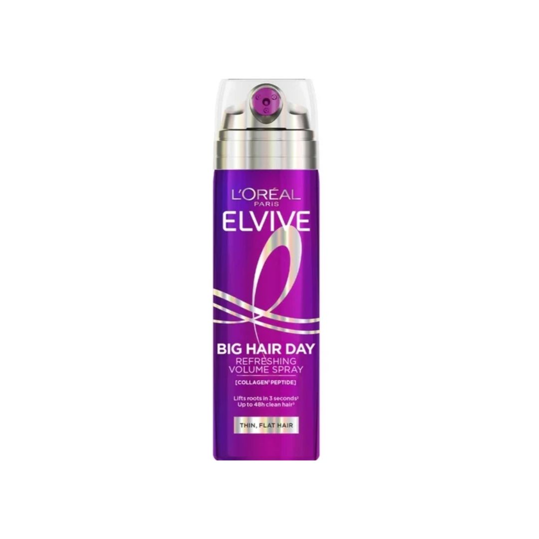 L'Oréal Paris Elvive Big Hair Day Refreshing Volume Spray in a purple aerosol can with a silver pump and clear cap, shown on a plain white background.