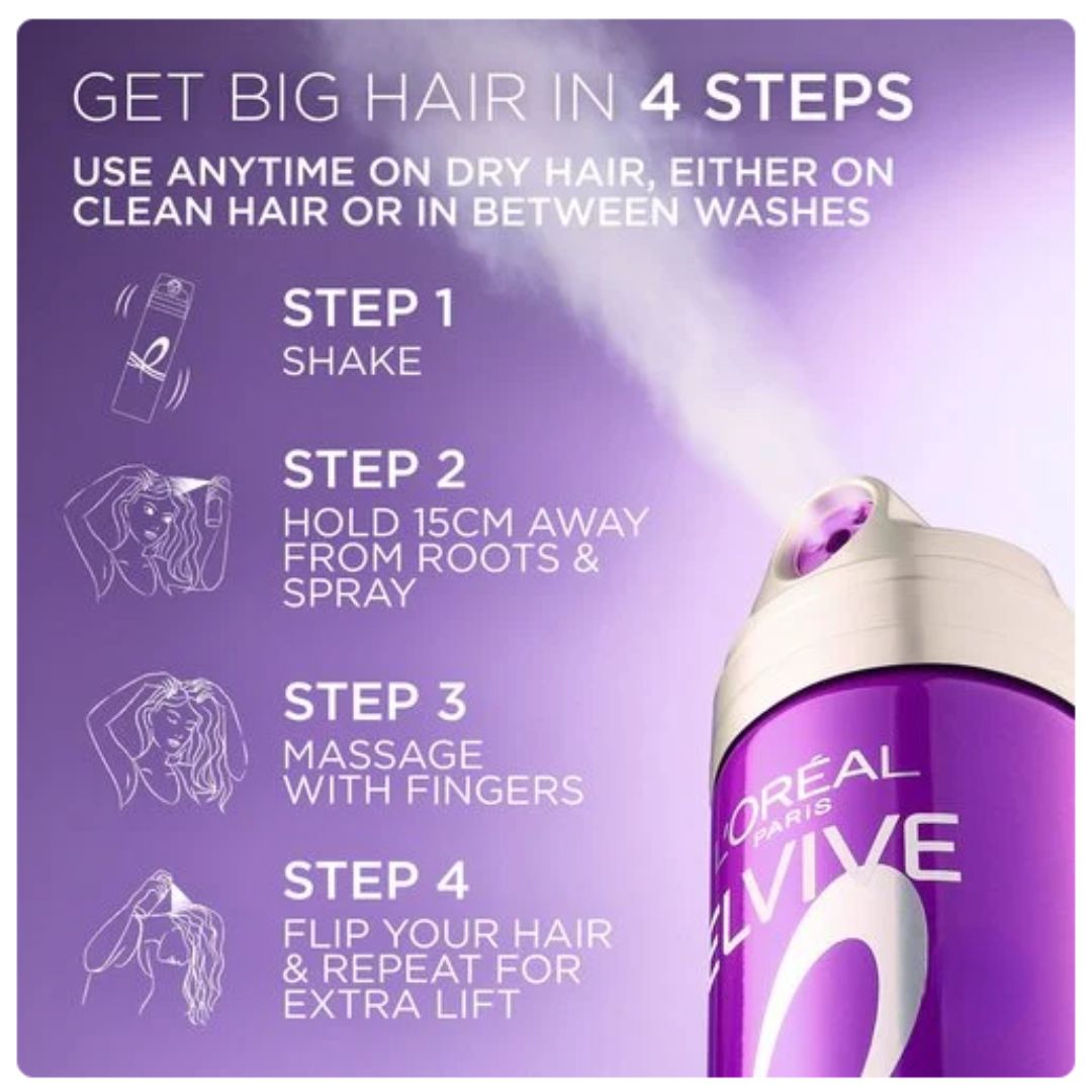L'Oréal Paris Elvive hair growth and volume spray advertisement with a purple background, showing text instructions for using the spray in four steps and a close-up of the purple spray can on the right.