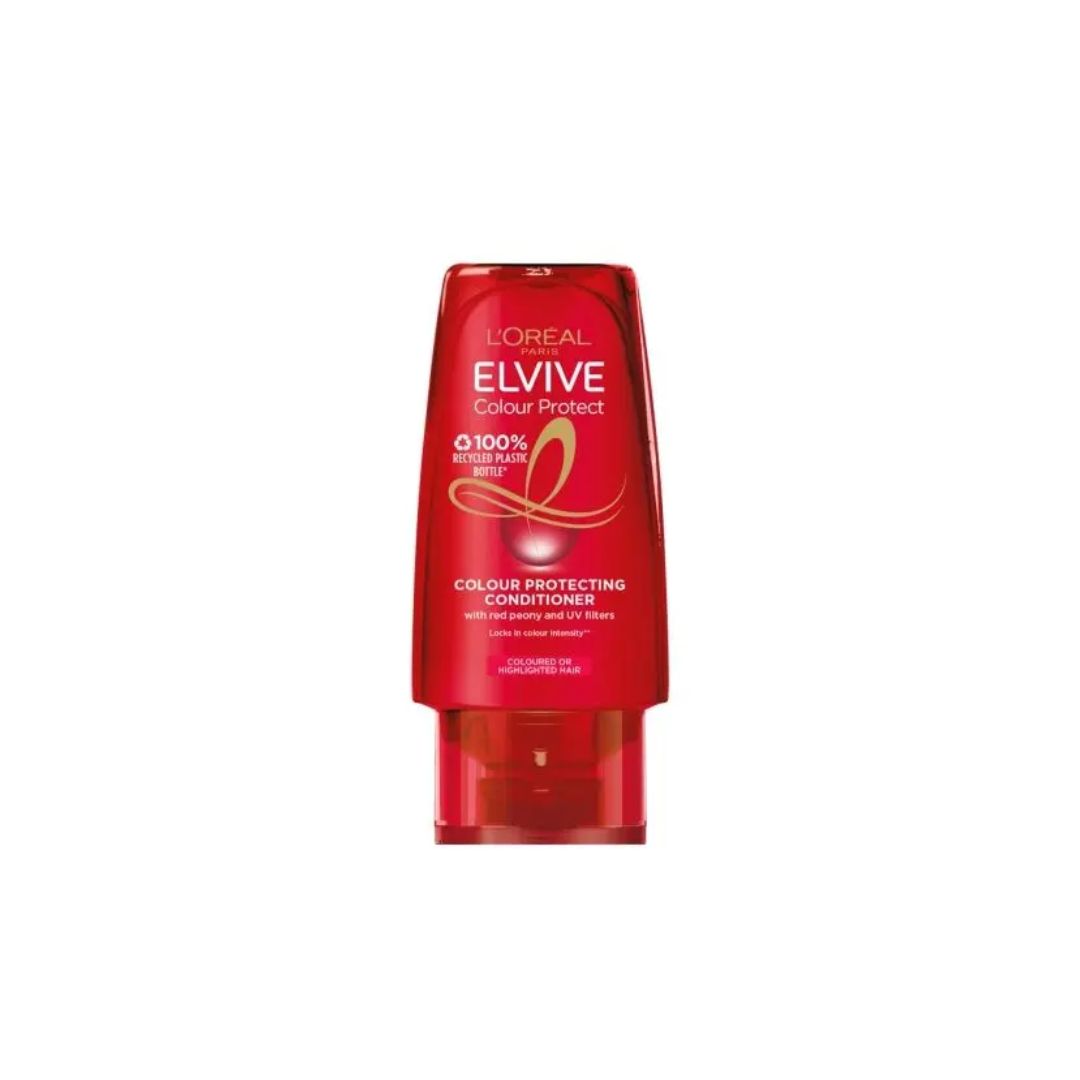 A bottle of L'Oréal Paris L'Elvive Colour Protect Colour Protecting Conditioner in a vibrant red translucent plastic bottle with a clear cap, shown against a plain white background.