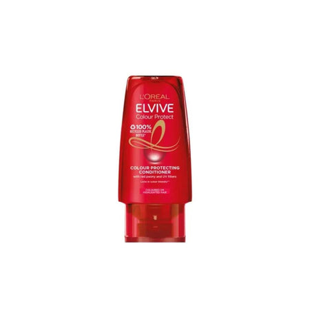 A bottle of L'Oréal Paris L'Elvive Colour Protect Colour Protecting Conditioner in a vibrant red translucent plastic bottle with a clear cap, shown against a plain white background.