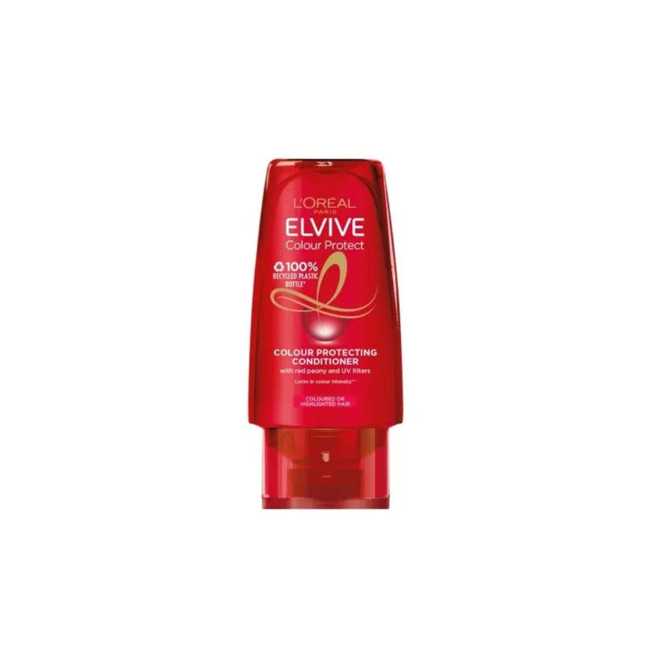 A bottle of L'Oréal Paris L'Elvive Colour Protect Colour Protecting Conditioner in a vibrant red translucent plastic bottle with a clear cap, shown against a plain white background.
