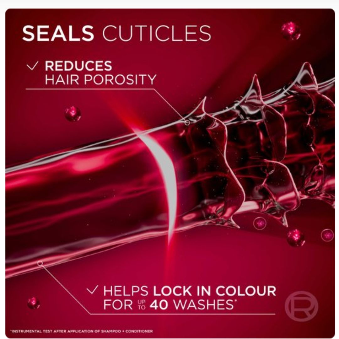 A square promotional graphic with a deep red and magenta background featuring abstract liquid-like streaks and text that reads 'SEALS CUTICLES', 'REDUCES HAIR POROSITY', and 'HELPS LOCK IN COLOUR FOR UP TO 40 WASHES'. A small circular 'R' mark appears in the lower right.