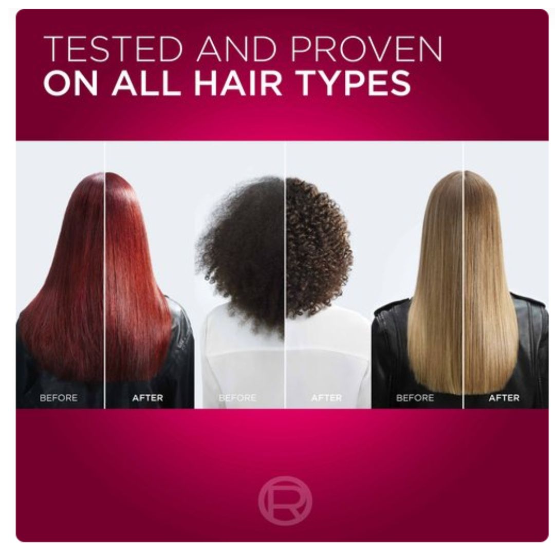 Promotional graphic for a hair product showing four back-view hair samples labeled before and after, with text reading 'TESTED AND PROVEN ON ALL HAIR TYPES' on a magenta background.
