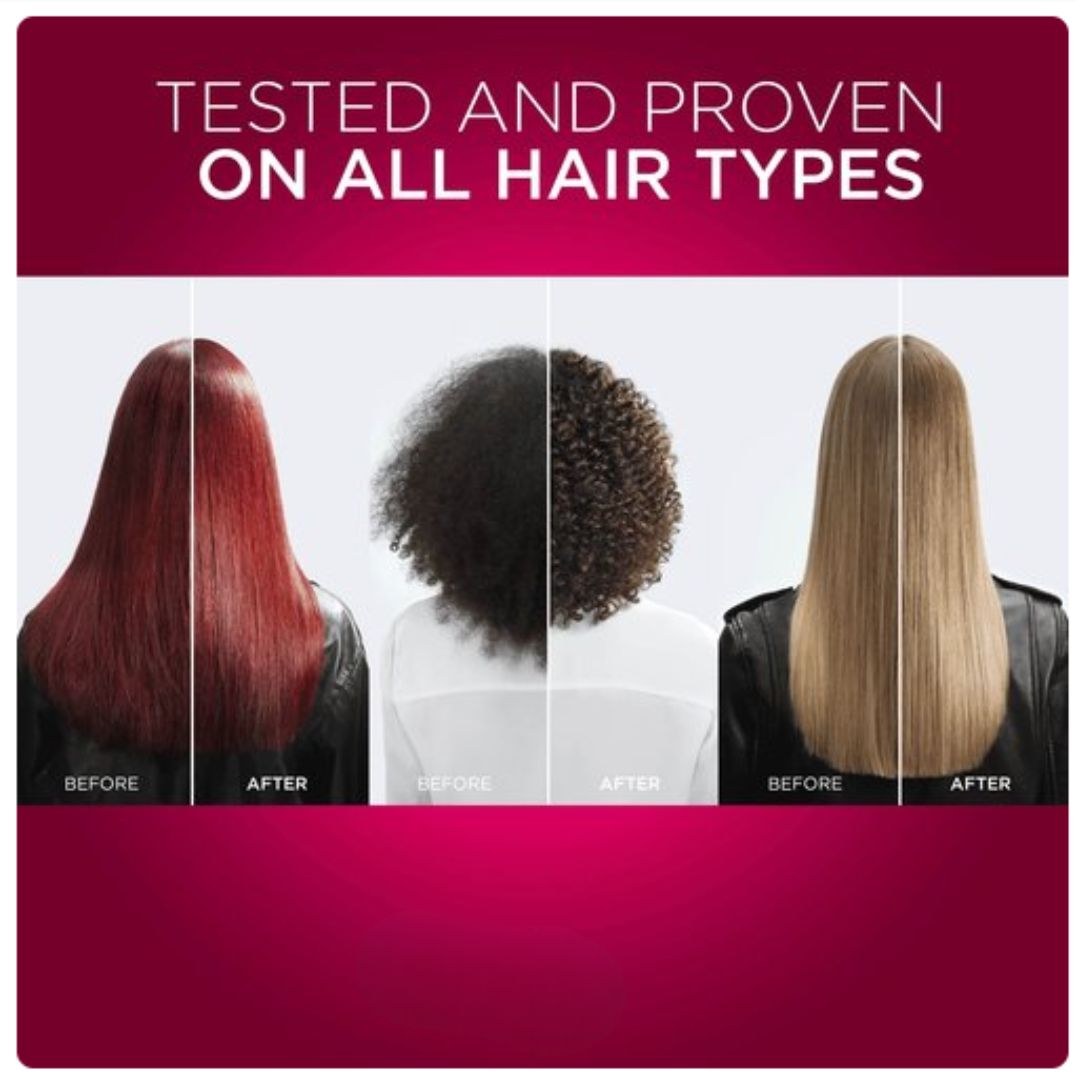 Promotional graphic with the text 'TESTED AND PROVEN ON ALL HAIR TYPES' above four side-by-side hair results panels showing before/after views from the back on a person with red, dark curly, and light brown hair.