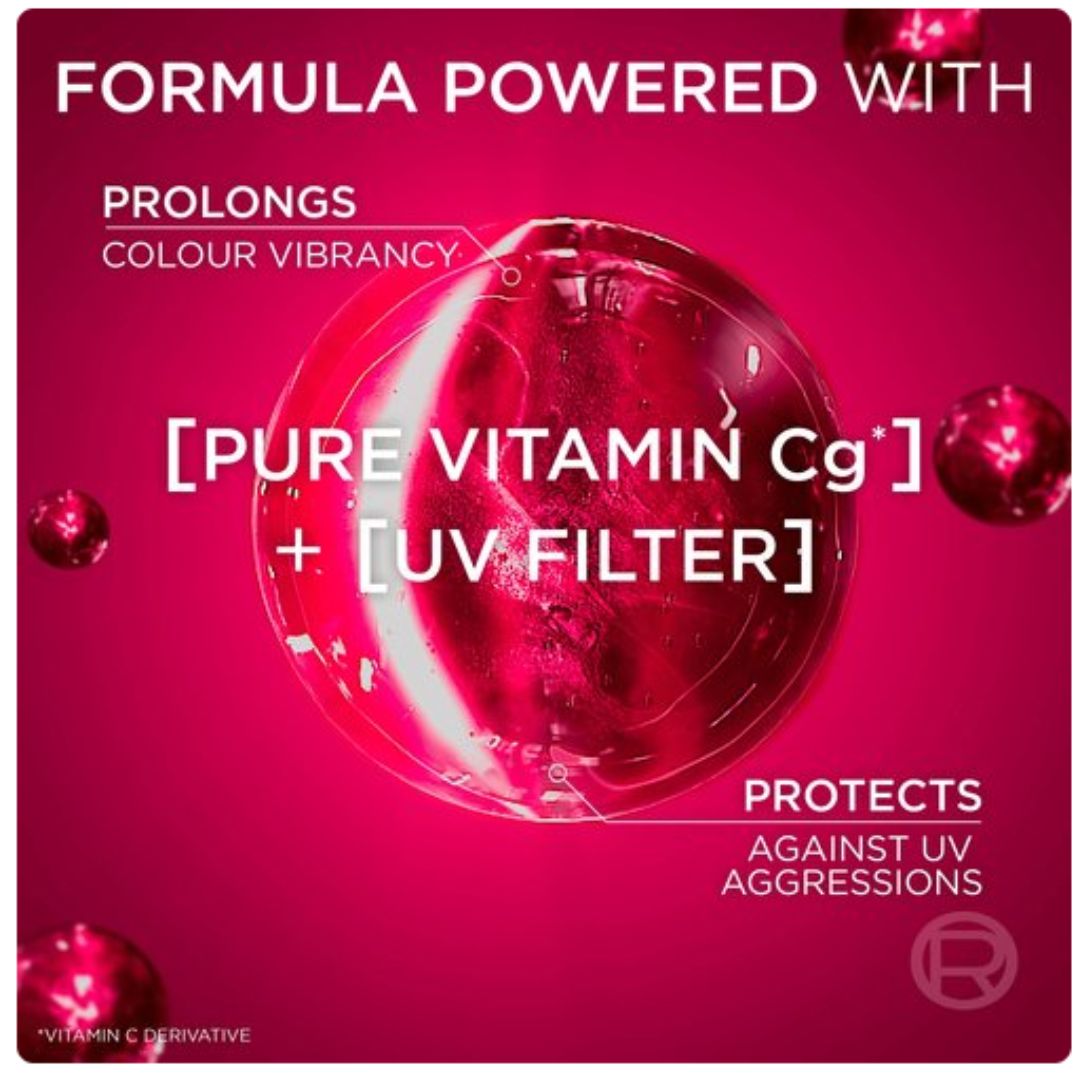 Promotional graphic for a skincare product featuring a glossy pink/red transparent sphere on a bright magenta background, with white text reading 'FORMULA POWERED WITH', 'PROLONGS COLOUR VIBRANCY', '[PURE VITAMIN Cg+] + [UV FILTER]', and 'PROTECTS AGAINST UV AGGRESSIONS'.