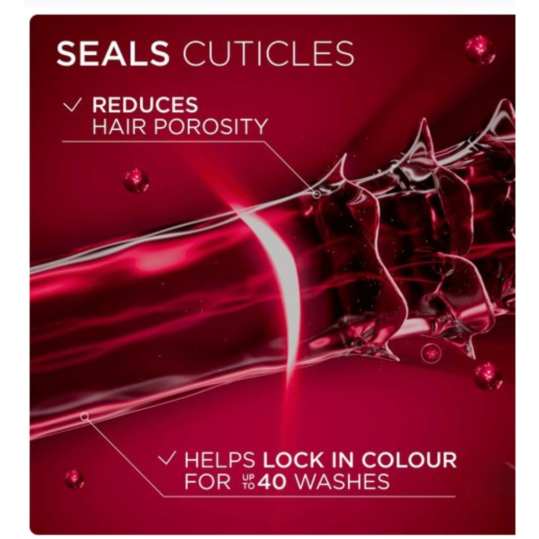 A square promotional graphic for a hair care product with a deep red background and glossy liquid imagery. White text reads 'SEALS CUTICLES,' 'REDUCES HAIR POROSITY,' and 'HELPS LOCK IN COLOUR FOR THE 40 WASHES.