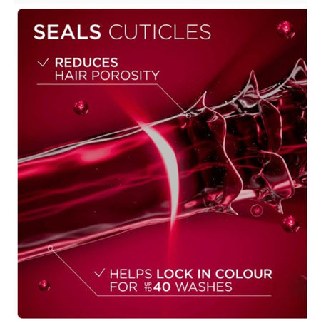 A square promotional graphic for a hair care product with a deep red background and glossy liquid imagery. White text reads 'SEALS CUTICLES,' 'REDUCES HAIR POROSITY,' and 'HELPS LOCK IN COLOUR FOR THE 40 WASHES.
