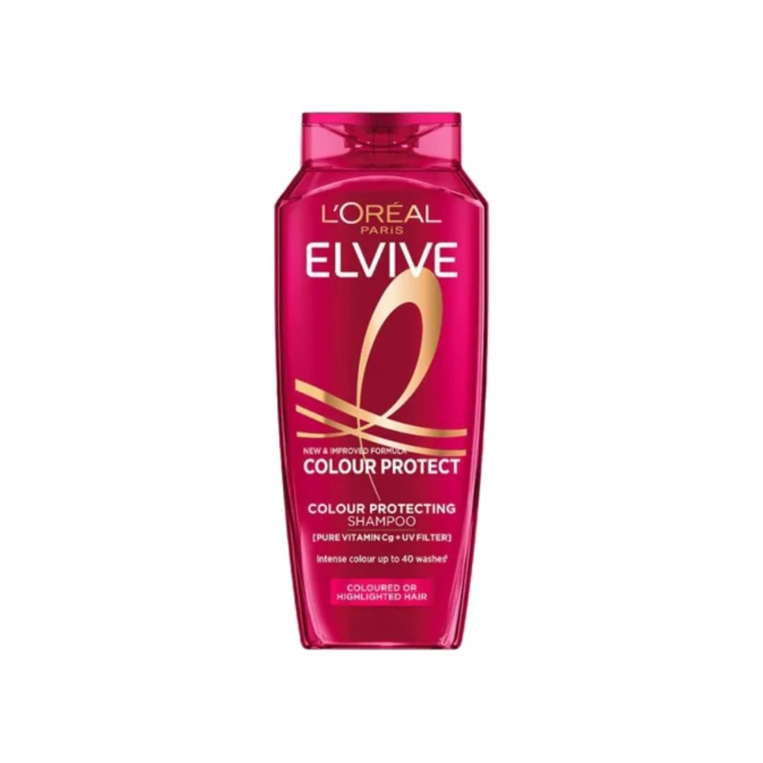 A bottle of L'Oréal Paris Elvive Colour Protect Shampoo in a vibrant magenta pink bottle with gold and white lettering, set against a plain white background.