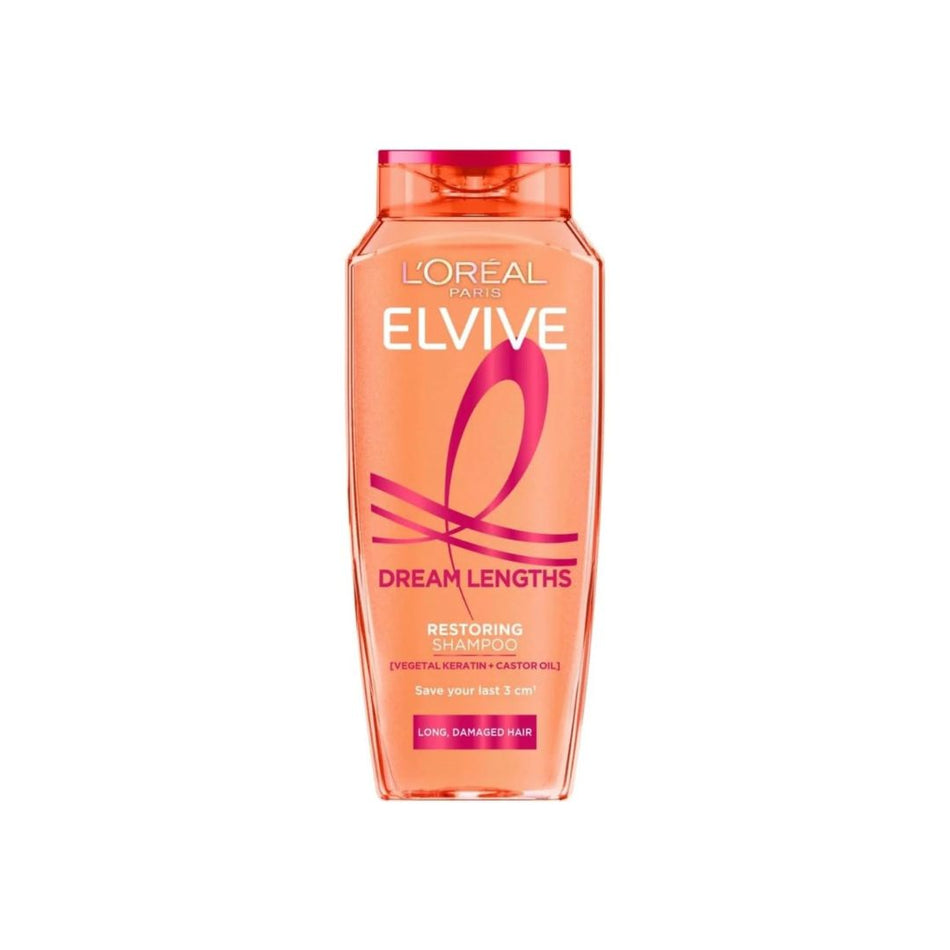 A bottle of L'Oréal Paris Elvive Dream Lengths Restoring Shampoo for damaged hair, shown on a plain white background.