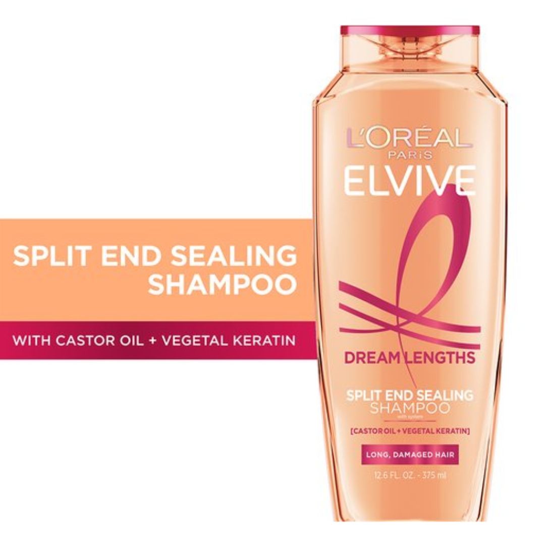 L'Oréal Paris Elvive Dream Lengths Split End Sealing Shampoo in a peach-colored bottle with a pink cap, shown next to a text banner detailing its ingredients.