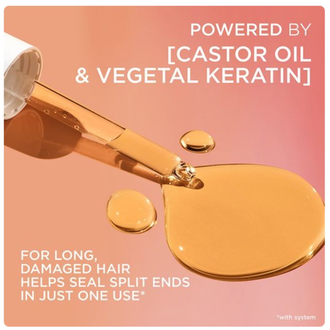 A cosmetic text graphic with a dropper bottle pouring golden castor oil onto a pink-to-peach gradient background. White text reads 'POWERED BY [CASTOR OIL & VEGETAL KERATIN]' and 'FOR LONG, DAMAGED HAIR HELPS SEAL SPLIT ENDS IN JUST ONE USE*'.