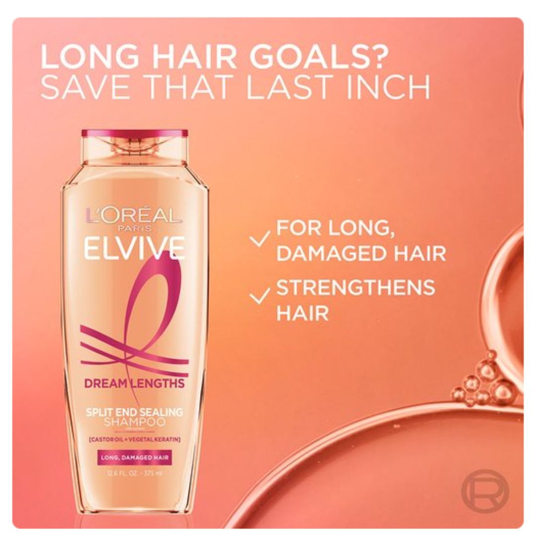 L'Oréal Paris Elvive Dream Lengths Split End Sealing Shampoo bottle on a peach and orange promotional background with text highlighting benefits for long, damaged hair.
