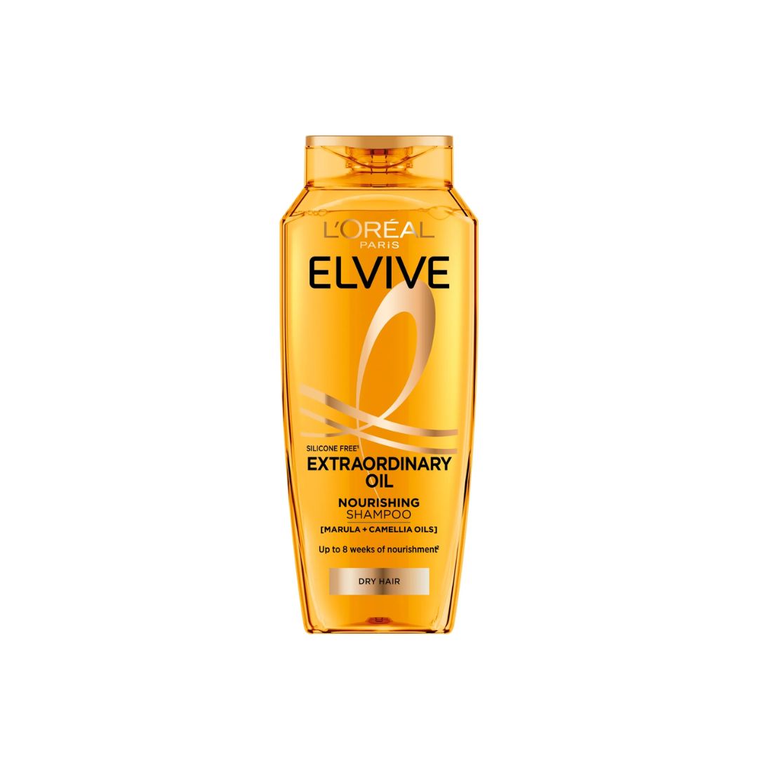 A bottle of L'Oréal Paris Elvive Extraordinary Oil Nourishing Shampoo in a translucent amber-orange color, shown on a solid white background.