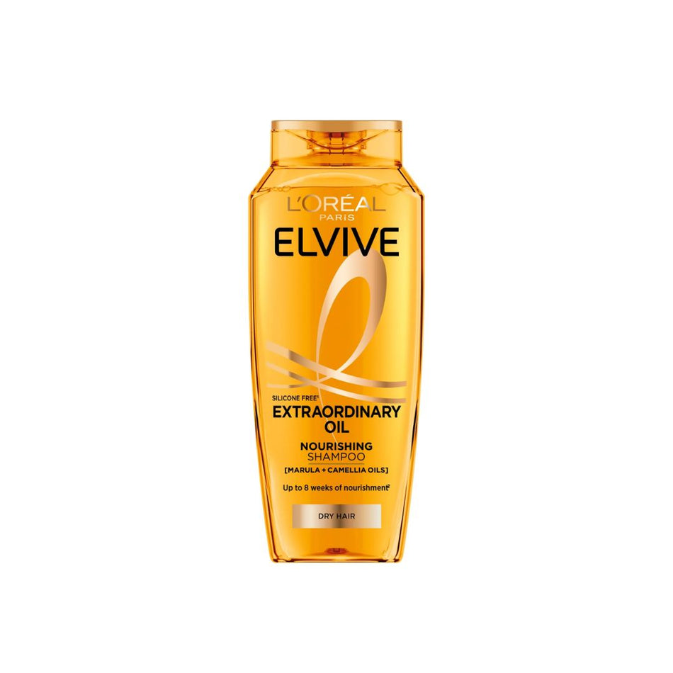 A bottle of L'Oréal Paris Elvive Extraordinary Oil Nourishing Shampoo in a translucent amber-orange color, shown on a solid white background.