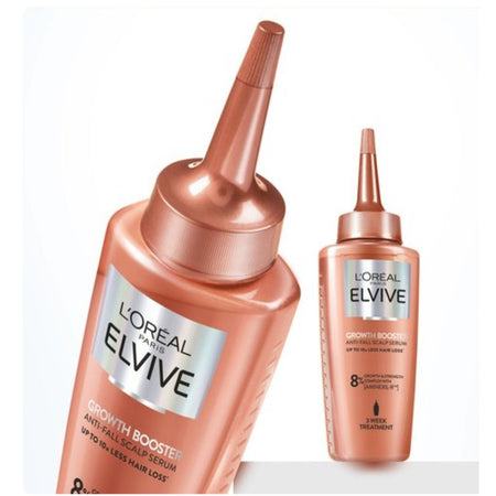 Two L'Oréal Paris L'Elvive Growth Booster bottles in a metallic copper-rose color, shown on a clean white background with one bottle close-up and one full bottle view.