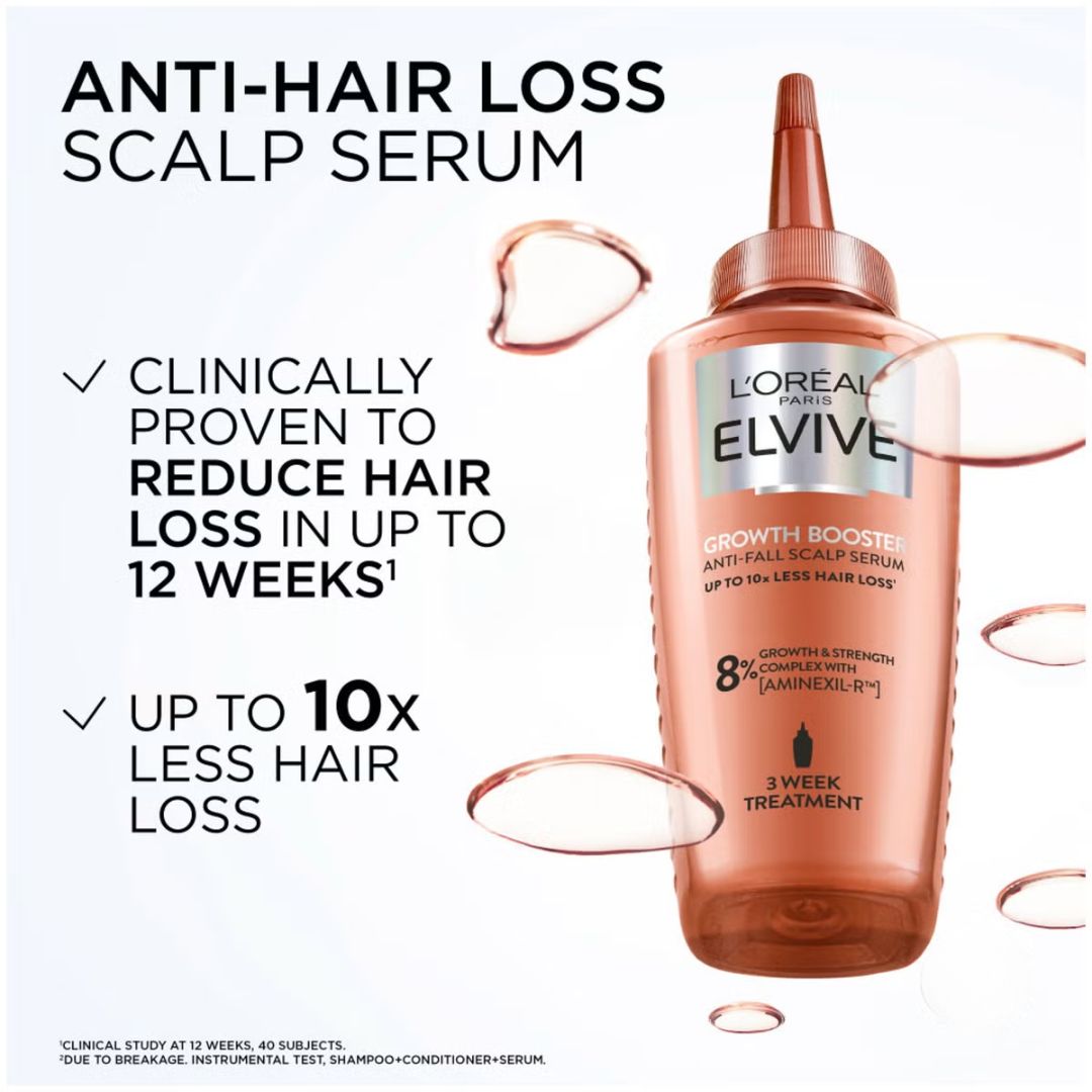 L'Oréal Paris L'Elvive Growth Booster Anti-Fall Scalp Serum bottle in a metallic copper-pink color, shown on a white background with promotional text and liquid droplet graphics.