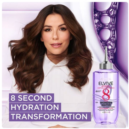 Elvive Wonder Water 8 Second Hydration Transformation hair oil shown with a woman with long, wavy brown hair on the left and the purple bottle on the right.