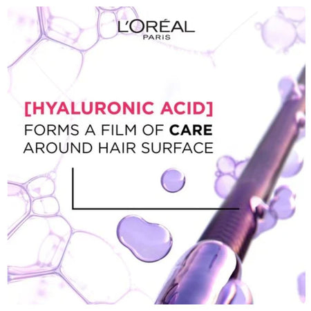 L'Oréal Paris promotional graphic for a hair care product featuring the text '[HYALURONIC ACID] FORMS A FILM OF CARE AROUND HAIR SURFACE' over a white background with purple liquid droplets and a close-up of a purple applicator tip.