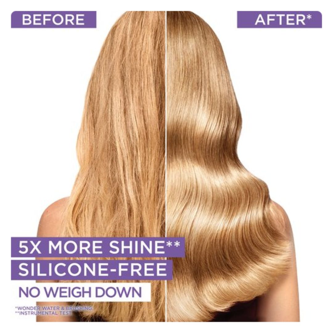 Before-and-after hair shine comparison showing long light blonde hair on a model's back, with purple text banners reading 'BEFORE', 'AFTER', and '5X MORE SHINE SILICONE-FREE NO WEIGH DOWN'.
