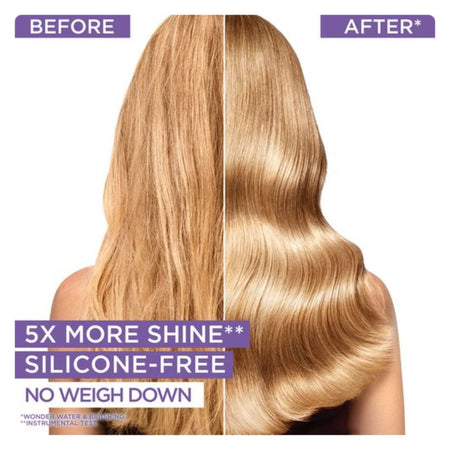 Before-and-after hair shine comparison showing long light blonde hair on a model's back, with purple text banners reading 'BEFORE', 'AFTER', and '5X MORE SHINE SILICONE-FREE NO WEIGH DOWN'.