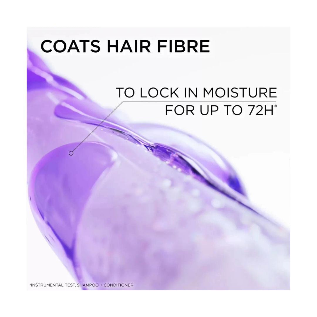 L'Oréal Elvive Hydra Hyaluronic Moisture Boosting Shampoo benefits graphic on a white background with a superimposed image of a purple hair 