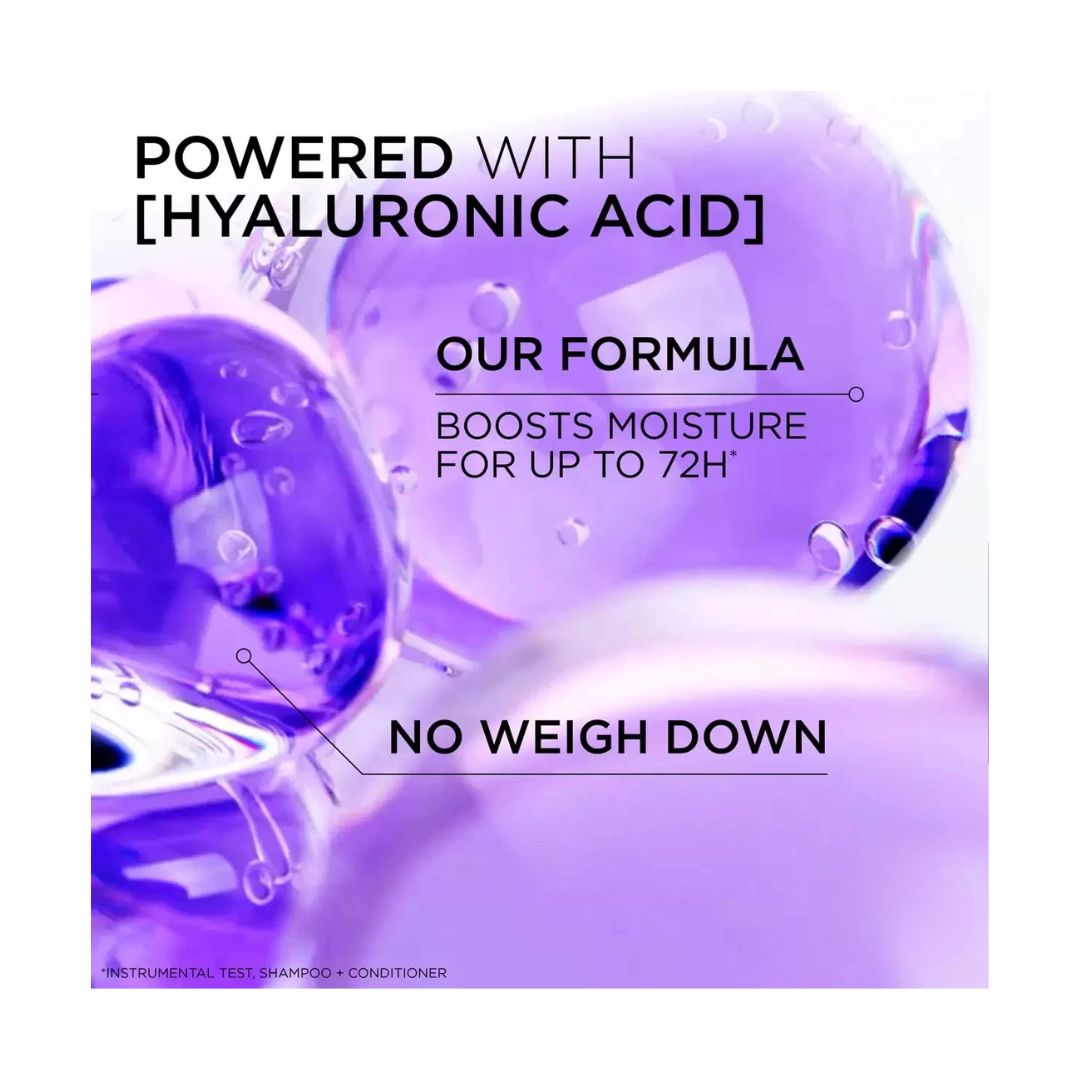 L'Oréal Elvive Hydra Hyaluronic Moisture Boosting Shampoo hyaluronic acid information graphic on a purple background
