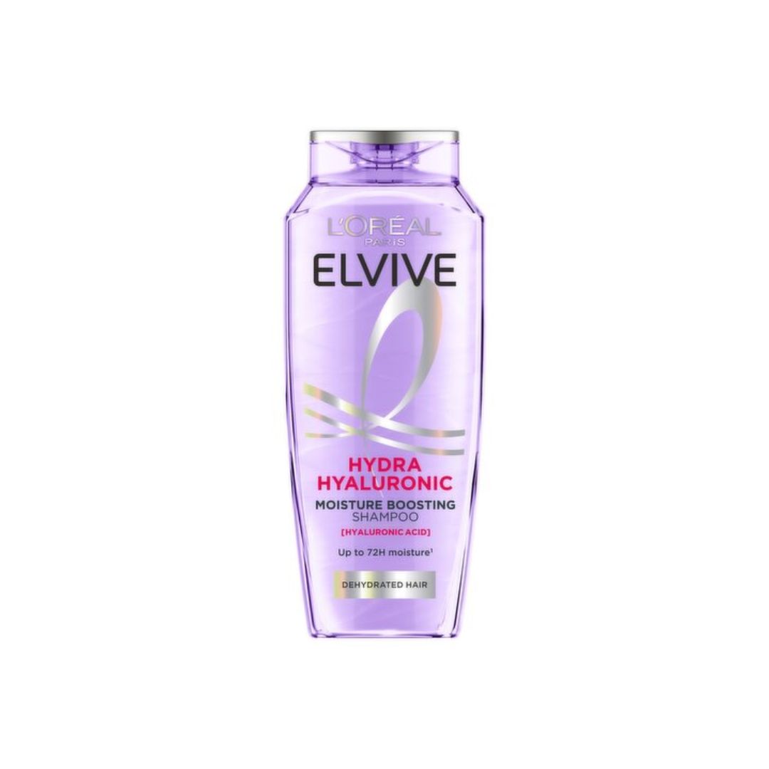 A bottle of L'Oréal Paris Elvive Hydra Hyaluronic Moisture Boosting Shampoo, featuring a translucent light purple bottle with silver and pink text on a plain white background.