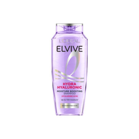 A bottle of L'Oréal Paris Elvive Hydra Hyaluronic Moisture Boosting Shampoo, featuring a translucent light purple bottle with silver and pink text on a plain white background.