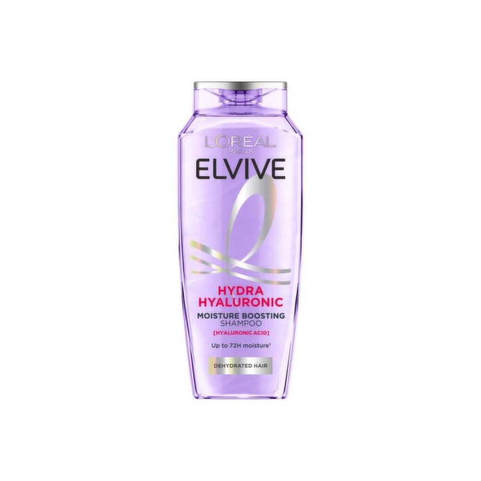 A bottle of L'Oréal Paris Elvive Hydra Hyaluronic Moisture Boosting Shampoo, featuring a translucent light purple bottle with silver and pink text on a plain white background.