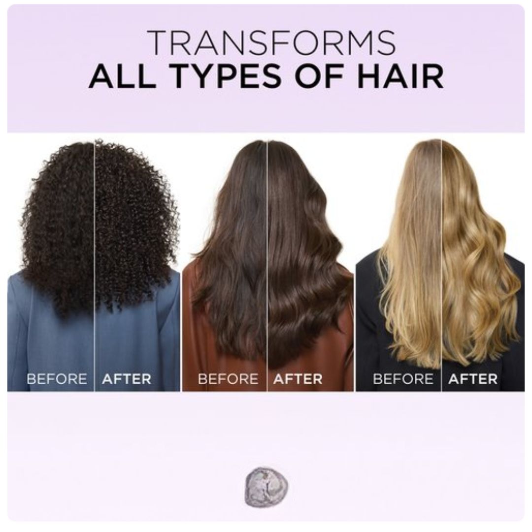 Promotional graphic showing three side-by-side hair transformation comparisons under the text 'TRANSFORMS ALL TYPES OF HAIR.' The panels show the back of a woman's head with curly dark hair, wavy medium brown hair, and long wavy blonde hair, labeled BEFORE and AFTER.