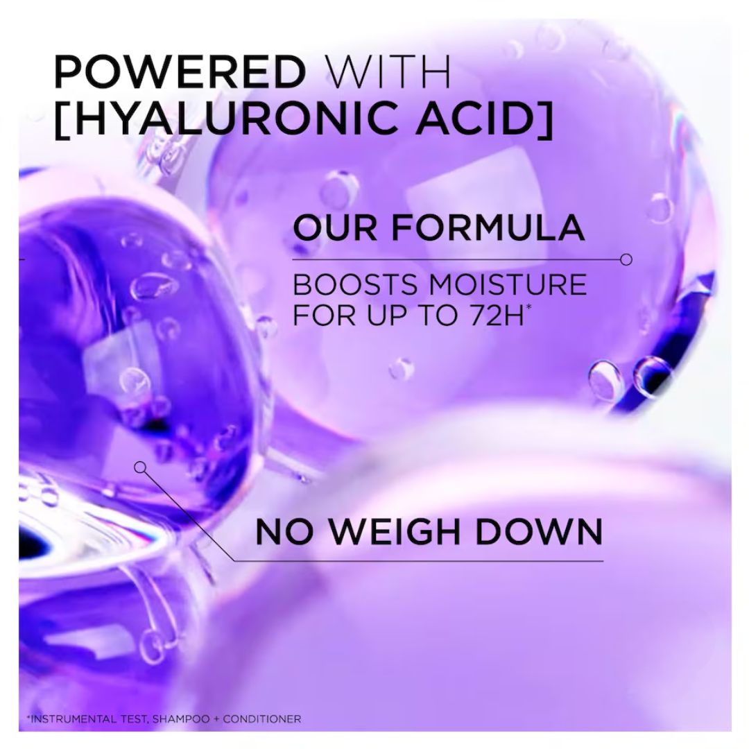 Promotional graphic with purple translucent gel droplets and text reading 'POWERED WITH [HYALURONIC ACID]', 'OUR FORMULA BOOSTS MOISTURE FOR UP TO 72H', and 'NO WEIGH DOWN'.