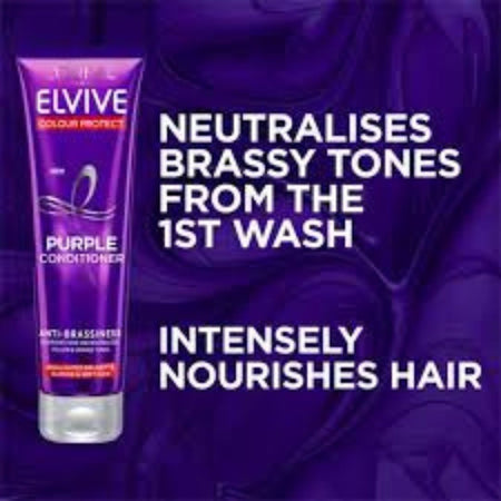 Elvive Purple Conditioner tube shown on a dark purple background with white promotional text about neutralizing brassy tones and nourishing hair.