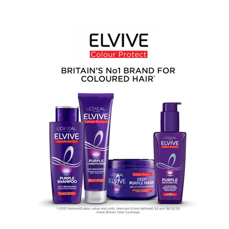 Four L'Oréal Paris Lévisse Elvive Colour Protect hair care products in purple packaging, including a bottle of purple shampoo, a tube of deep purple mask, a jar, and a pump bottle, displayed against a white background with promotional text above.
