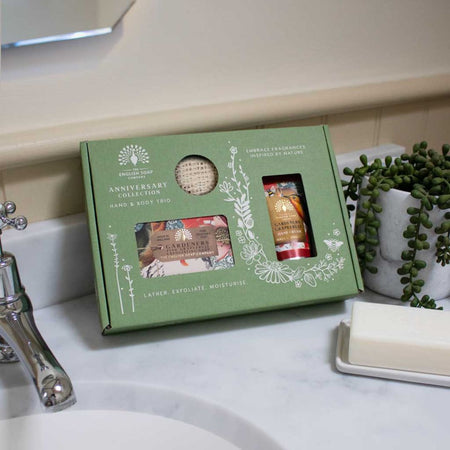 The English Soap Company Pink Grapefruit Hand & Body Trio on a bathroom sink image