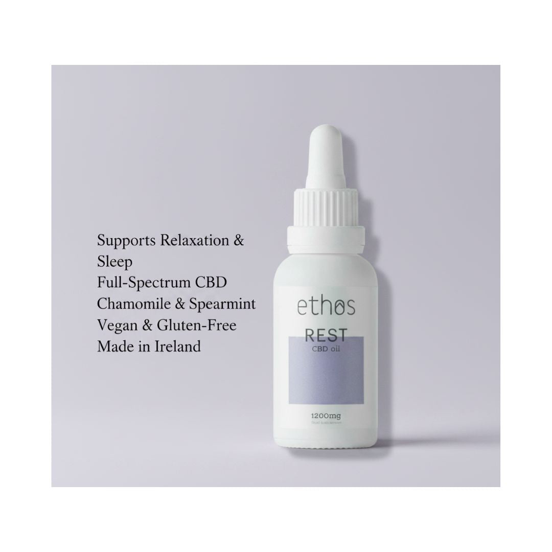 Ethos Rest CBD Oil 30ml benefits depicted on a pink background