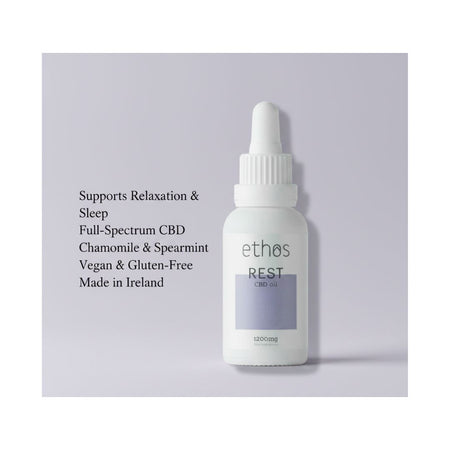 Ethos Rest CBD Oil 30ml benefits depicted on a pink background
