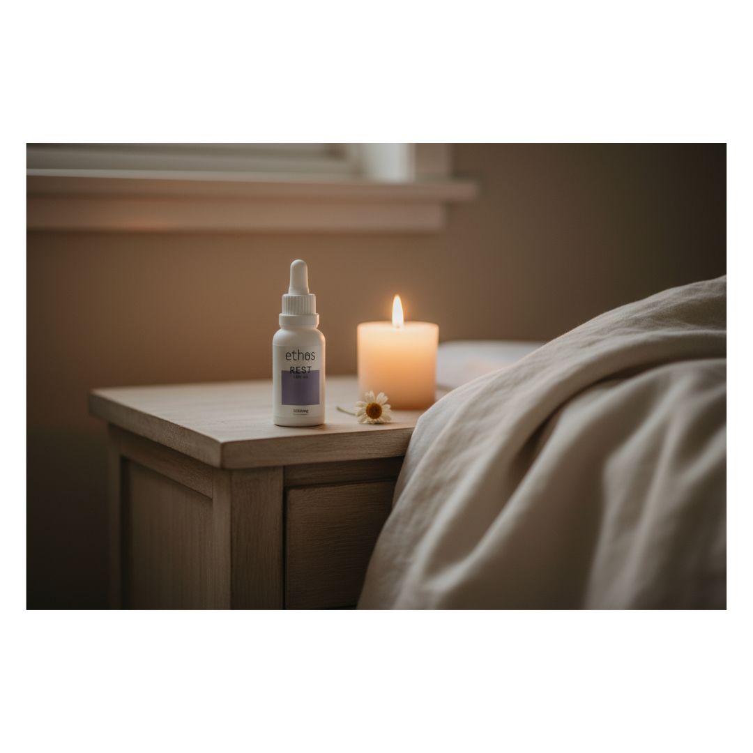 Ethos Rest CBD Oil 30ml on a bedside stand with a candle in the background