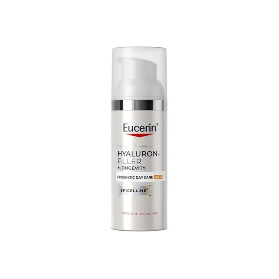 Eucerin Hyaluron-Filler + Longevity Epigenetic Day Care SPF30 on a white background