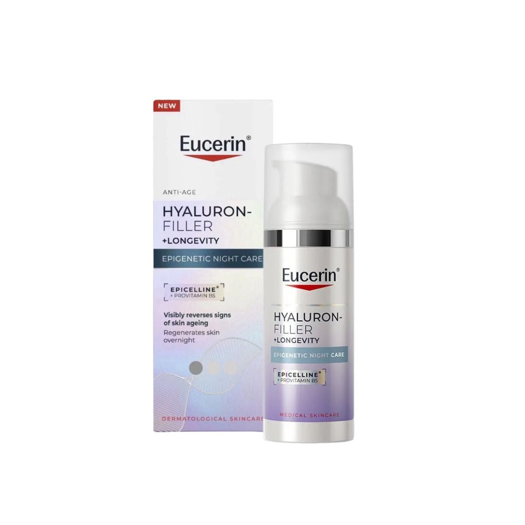 Eucerin Hyaluron-Filler + Longevity Epigenetic Night Care packaging and tube on a white background