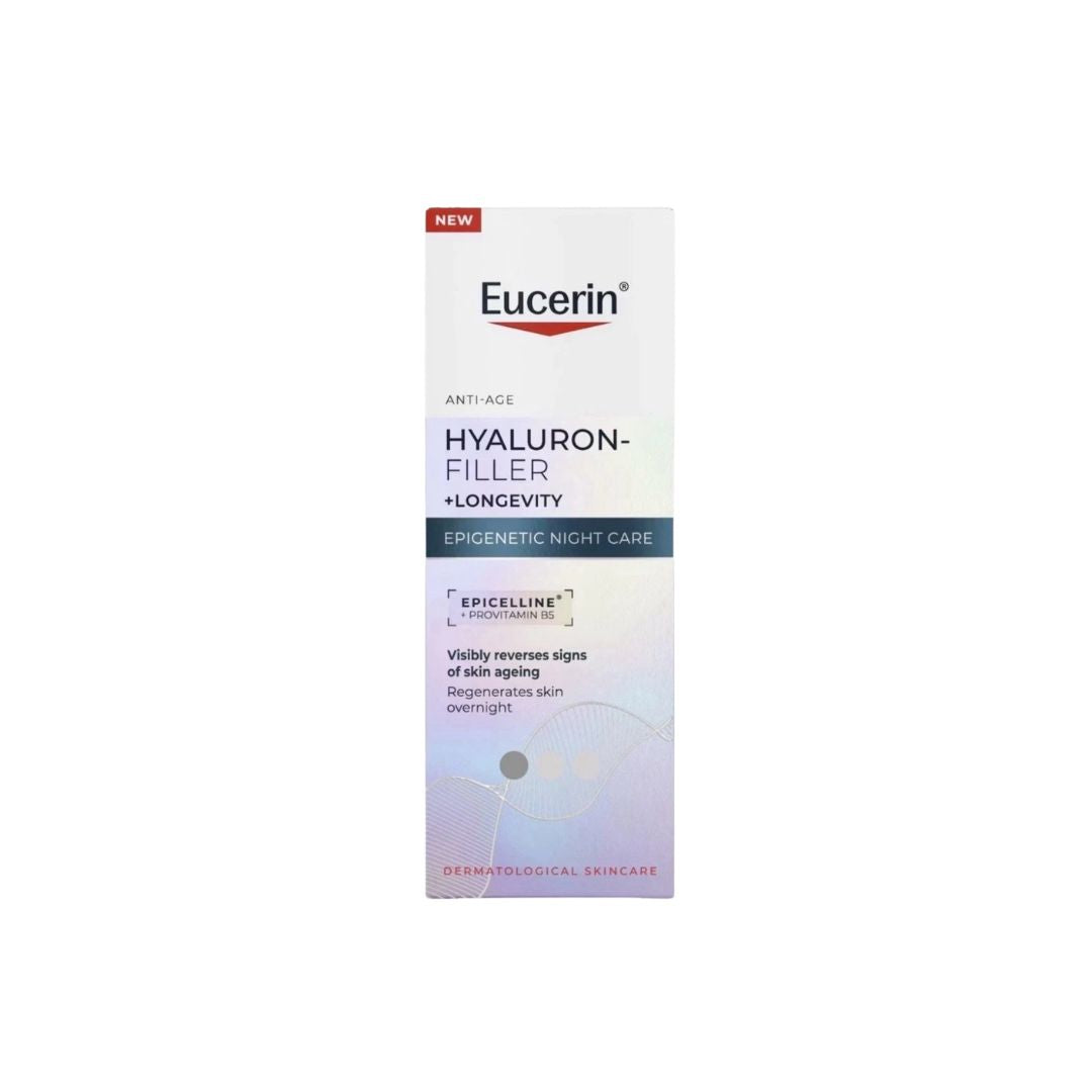 Eucerin Hyaluron-Filler + Longevity Epigenetic Night Care packaging on a white background