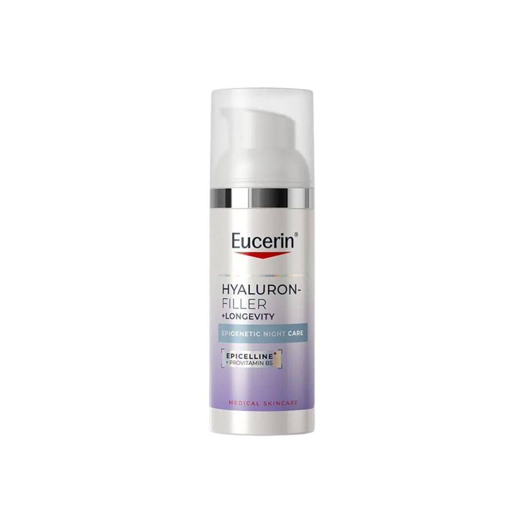 Eucerin Hyaluron-Filler + Longevity Epigenetic Night Care tube on a white background