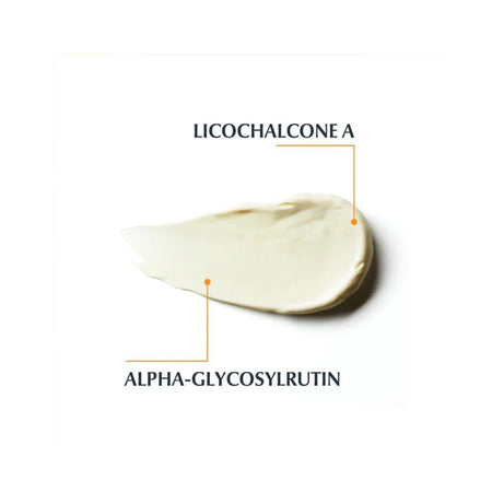 A cream-colored product smear on a white background with text labels pointing to its key ingredients: 'LICOCHALCONE A' and 'ALPHA-GLYCOSYLRUTIN'.