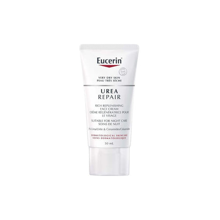 A 50 ml squeeze tube of Eucerin Urea Repair Rich Replenishing Face Cream, shown on a plain white background.