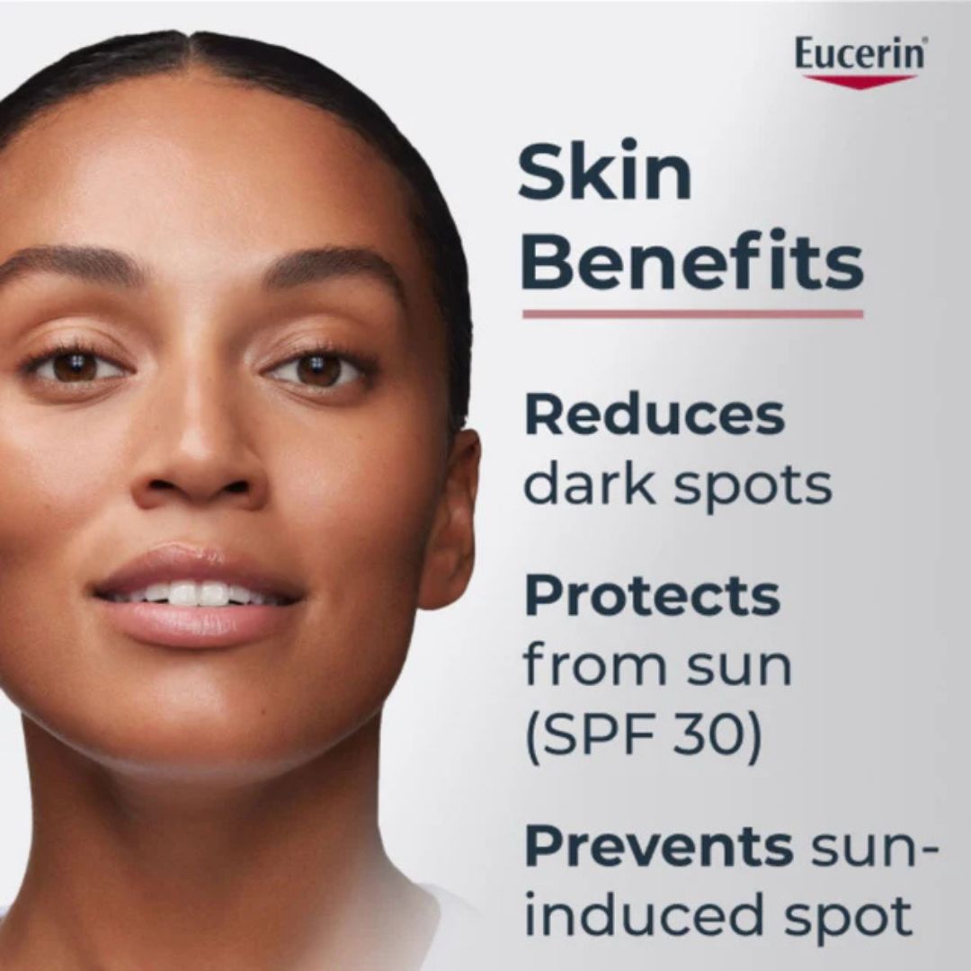Eucerin advertisement featuring a woman's face with skin benefits text on a light gray background