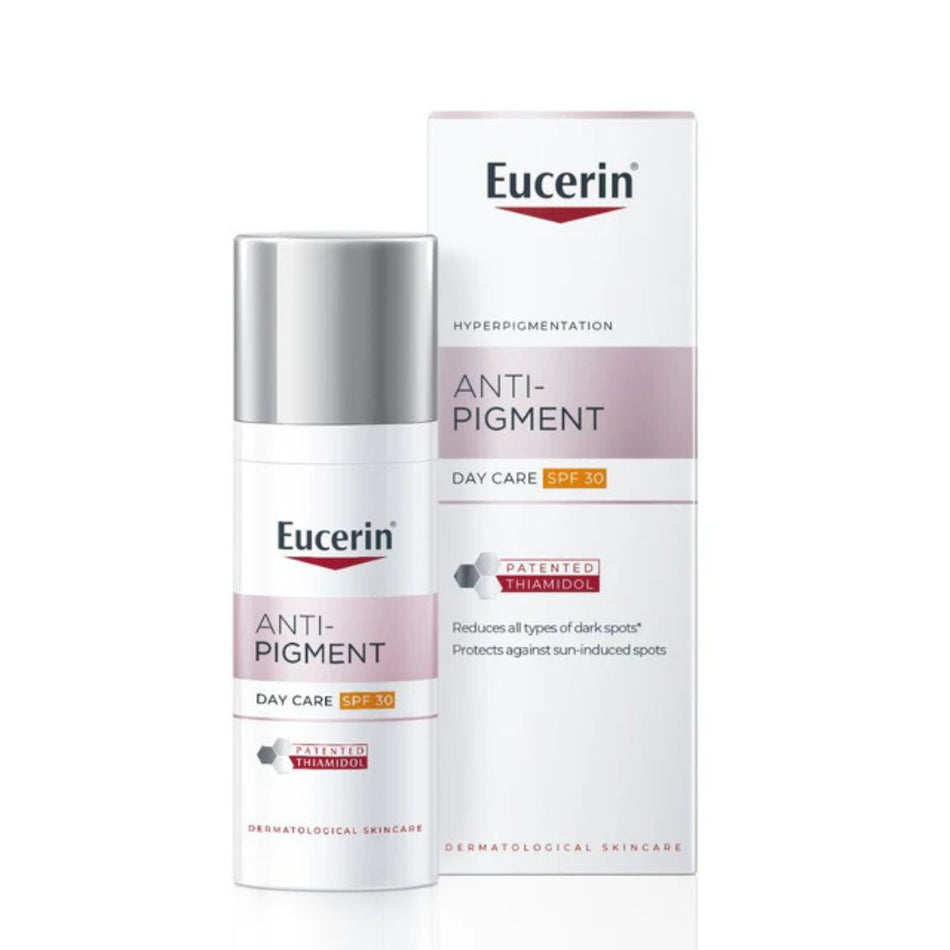 Eucerin Anti-Pigment Day Care SPF 30 cream and packaging on a white background