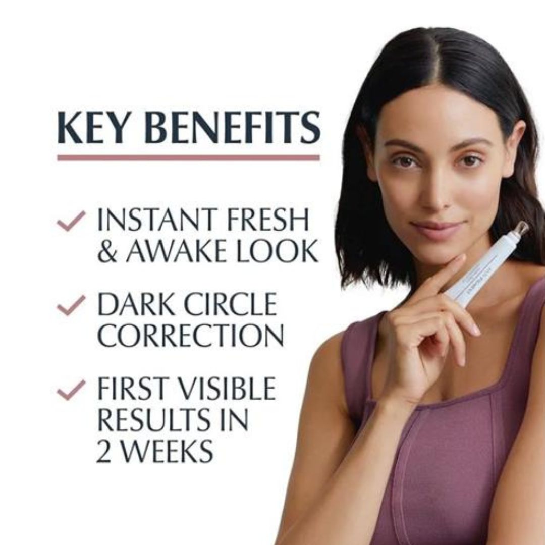 Woman holding a beauty tool with key benefits listed on a white background