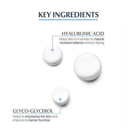 Key ingredients of a skincare product with hyaluronic acid and glyco-glycerol on a white background.